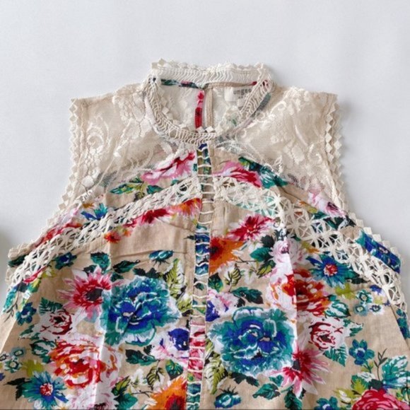 Umgee | Sleeveless Floral Print High Neck Dress Crochet Yoke Ruffle Hem Brunch - Picture 5 of 15